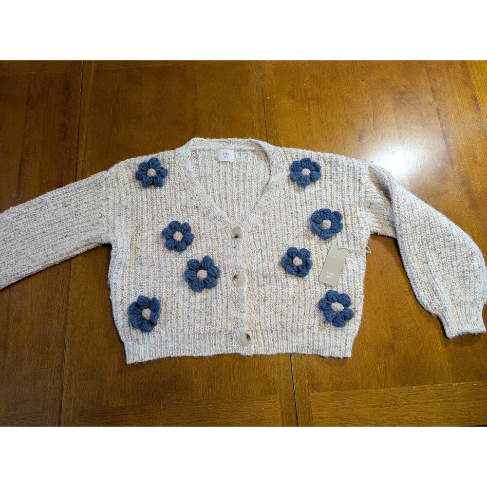 Luna Ivy Floral Knit Cardigan Cream Blue Crochet Flowers Size S Cottagecore